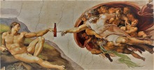 Grande peinture classique de Michel Ange où un ange de dieu (devant un nuage en forme de cerveau) touche du doigt un homme nue terrestre, sauf qu'une bière est insérée où les doigts se touchent.