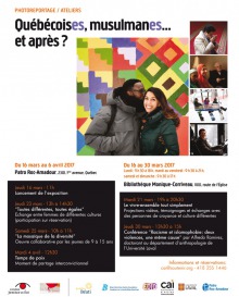 Affiche : exposition QuébécoisEs, musulmanEs... et après ? 5 photos : un jeune homme noir et une jeune femme latino, en vêtement d'hiver, s'embrassent avec grand sourire ; 2) un homme arabe fait une prière en tenant ses mains devant lui ; 3) trois personnes discutent : deux femmes arabes et un prêtre chrétien ; 4) remonte-pente de ski ; 5) une chauffeuse d'autobus.  Présente de nombreux événements. Nombreux logos, notamment Centre Justice et Foi, etc.