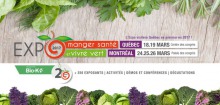 Affichette sur fond de légumes et de bois pâle : 18 et 19 mars à Québec. 24 au 26 mars à Montréal.