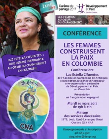 Affiche sur fond mauve : photo de Luz Estella Cifuentes au regard souriant, portant un bandeau turquoise. Logo du Centre femmes de Portneuf et de Développement et Paix. Les détails sont transcrits dans l'annonce.