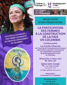 Affiche sur fond mauve : photo de Luz Estella Cifuentes au regard souriant, portant un bandeau turquoise. Logo du Centre femmes de Portneuf et de Développement et Paix. Les détails sont transcrits dans l'annonce.