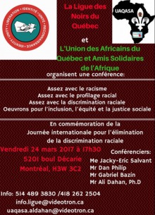 Affiche sur fond rouge-vin : logo Ligue des Noirs soit deux mains qui se serrent dans un cercle entouré de mots ; logo UAQASA, soit le continent africain en noir et une fleur de lys blanche. Le reste sont les détails transcrits dans cette annonce.