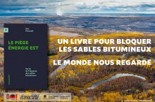 Affiche tirée du site d'ÉcoSociété : la page couverture du livre, simple texture bleu marin, est collée sur fond d'une photo spectaculaire d'un paysage forestier en automne au Québec. L'horizon, avec des rivières, est visible de très loin avec une couverture nuageuse blanche. Logo : Coule pas chez nous, etc.