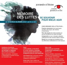 Affiche : belle peinture vaporeuse d'un profil de visage humain, dont les cheveux sont des vapeurs de couleurs turquoises et grises foncées. Logo du Centre Justice et Foi : ressemble à un oeil rouge. Les détails sont transcrits dans l'annonce ici. 