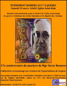 Affiche sur fond orange : portrait de M. Romero sur fond d'une photo d'une foule rassemblée à son honneur post mortem. Une fleur jaune repose sous son portrait. Les détails sont transcrits dans l'annonce.