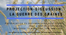 Affichette sur fond d'une photo de blé dans un champ vue de près. Projection-Discussion ... Les info sont transcrites dans l'annonce ici.
