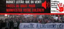 Affichette : foule dense sur la rue avec une grande banderole blanche « Halte à l'austérité ! ». Texte: Budget Leitâo : que du vent !  Faites du bruit pour manifester votre colère !!! Logo de la Coalition pour la justice sociale : empreinte rouge d'une main ouverte.