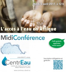 Affiche réduite : mains d'un jeune africain sous une source d'eau. Mini-conférence. Dessin du continent africain. Café gratuit : apportez votre tasse ! Logo du CentrEau : dessin d'une grande goutte d'eau bleu et le mot Eau est en relief bleu. 