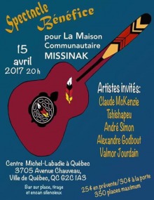 Affiche sur fond bleu vert : dessin d'une guitare rouge vin. Sur le dos de la guitare est dessiné une torture noire, une plume à quatre couleurs : jaune, rouge, noir, blanc. Le manche a aussi un motif autochtone.