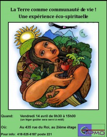 Affiche sur fond vert pomme : peinture d'une femme à la peau bazannée tenant divers légumes et plants, entourée de montagnes et forêts ; un grand oiseau noir survole ; soleil jaune en haut à gauche.