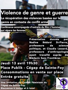 Affiche sur fond d'une photo d'une femme africaine transportant un sac sur son dos. Un camion de l'ONU derrière. Logo du Comité féministe du Cégep: symbole de la femme mauve, une forme humaine au centre tient son bras levé.