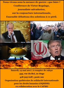 Affiche sur fond orange foncé : quatre photos au-dessus d'un feu intense. Vladimir Poutine de la Russie, pensif ; Le dirigeant de la Korée du Nord entouré d'une foule en délire ; grosse bombe jaune avec un symbole nucléaire ; Donald Trump parlant devant un drapeau syrien.