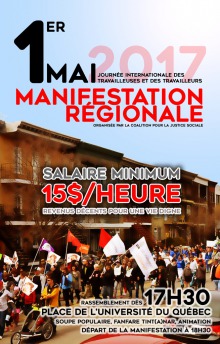 Affiche : photo couleur d'une manifestation sur la 1ère Avenue à Limoilou. Drapeaux, poussettes, etc. Salaire minimum 15 $ / heure : revenus décents pour une vie digne