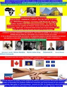 Affiche mulitcolore : petits portraits de Gandhi, Mandela, Luther King, M. Ali, Allmand et Commanda. Logo : continent africain noir, fleur de lys blanche. Drapeaux du Canada, de la Ville et du Québec. D'autres logo plus petits : AHA et AÉAUL.