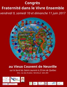 Affiche sur fond rouge sang : au milieu un dessin dense et coloré de routes, maisons, oiseaux multicolores, rivière, etc.  Le tout entouré d'une trentaine de petits bonhommes/bonfemmes se tenant par la main. 10 logo (trop long à décrire et nommer).