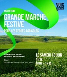 Affiche sur fond d'une photo d'un champ agricole très vert. Une guirlande verte lime traverse l'affiche. VOIX CITOYENNE.