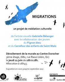 Affiche sur fond blanc : un oiseau à grandes ailes, en ombre bleu. Plusieurs ombres noirs d'autres oiseaux volent autour et à traveres.