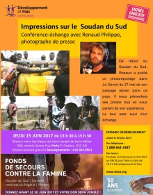 Affiche sur fond orange : cinq photos de gens en Afrique et le portrait de Renaud Philippe, jeune homme, cheveux et barbe brun-blond. Impressions sur le Soudan du Sud.