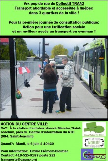 Affiche sur fond vert lime : photo d'Émilie de dos, présentant l'enjeu à jeune homme à une station d'autobus du RTC.