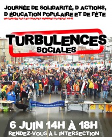 Affiche : foule dense et colorée sous la pluie au Québec. Journée de solidarité, d'actions, d'éducation populaire et de fête.