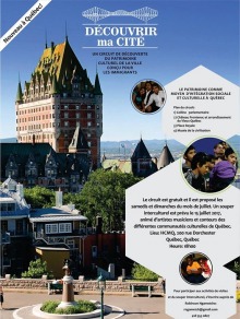 Affiche sur fond d'une photo du Château Frontenac, ciel bleu, arbres verts d'été. Dessin blanc du Pont de Québec.