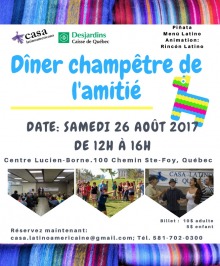 Affiche sur fond blanc : trois petites photos des éditions passées (tables lors du dîner, danse, chants) ; le haut et le bas sont une photo de textures laineuses couleurs typiques : bleu-mauves, rouge-orange, etc. - Deux logos Casa latino-américaine ; Caisse Desjardins de Québec.