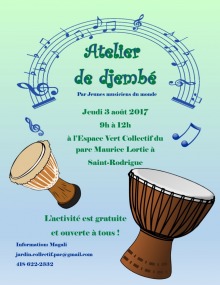 Affiche sur fond dégradé de vert pâle à bleu pâle. Dessins de deux djembés, soit des tambours en bois conçus pour tenir entre les jambes. Au haut, des notes de musique.