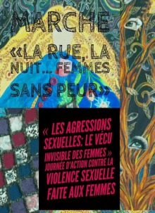 Affiche : peinture complexe. Des plantes, qui semble aquatiques, à travers lesquelles on discerne des yeux. À gauche, un damier de carrés mauve, blanc et rose-rouge. Au haut, sur la peinture, les mots Marche « La rue, la nuit... femmes sans peur ».