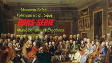 Affichette sur fond d'une peinture d'une assemblée ancienne où les hommes et les femmes semblent aristocratiques à en juger par leurs vêtements (image probablement choisie par sarcasme).