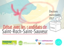 Affiche sur fond d'une carte pâle, avec un cercle rouge dessiné à la main. Une boîte de scrutin. Logo : Engrenage Saint-Roch, Comité citoyens/citoyennes Saint-Sauveur, MonSaintRoch.com MonSaintSauveur.com et CKIA. 