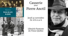 Affichette : à gauche, la page couverture du livre qui affiche deux photos et une miniature d'une page d'un journal ancien. Il y a une photo de famille et de jeunes femmes manifestant. À droite, portrait de l'auteur : chapeau courbé et foncé, bien rasé, l'air jovial, deux foulards, un noir et un blanc.