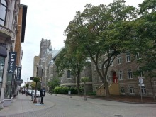 Photo : à partir du coin de rue, le Presbytere, deux arbres verts devant, l'église au loin ; à gauche, le magasin Laliberté. La rue est fait de briques.