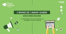 Affiche sur fond vert pomme pâle : « L'Ironie de l'avant-garde universitaire : la précarisation du travail étudiant et les stratégies d'action syndicale ». Dessin d'un porte-voix, d'un ordinateur portable, café, etc. Logo AELIÉS, Impact Campus, CHYZ, Univ. Laval.