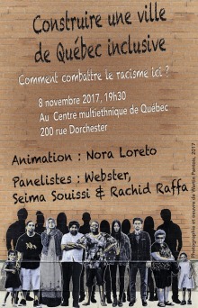 Affiche sur fond d'un mur de briques : peinture urbaine de haute qualité produite par Wartin Pantois. Huit personnes, diverses, côte à côte. Jeunes filles, hommes, femmes : turban, hijab, noires, etc. 