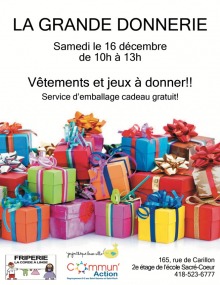 Affiche sur fond blanc : trentaine de boîtes de cadeaux colorés avec des boucles sur les dessus. Logo : Friperie La Corde à linge ; Joujouthèque Basse-Ville ; CommunAction Saint-Roch Saint-Sauveur.