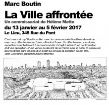 Affiche en noir sur blanc : dessin détailée de la ville de Québec du ciel à partir de Saint-Roch vers le Complexe G. Il y a un court texte non transcrit ici.