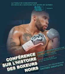 Affiche sur fond bleu-vert : le boxeur Martel-Bahoeli en position lors d'un combat de boxe. Tatoos noirs, cheveux rasés, barbe brune foncée très courte, gants de boxe gris ou argenté.