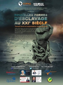 Affiche : des nuages sombres, un horizon gris, un poing gris entouré d'une chaîne traverse des fils de barbelés. Des oiseaux s'envolent. Logo: COPAQ, MHN, CIRAM, Ville de Québec, et publicités de quatre député.es.