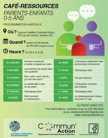 Affiche sur fond vert présentant les dates et les thèmes. Logo : Avenir d'enfants ; Commun'Action - Regroupement 0-5 ans Saint-Sauveur et Saint-Roch. 