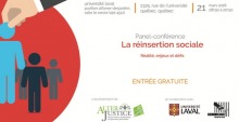 Affiche : dessin infographique d'une main d'homme à veston qui soulève une bonhomme bleu pâle. Il y a d'autres bonhommes en attente. Logo: AlterJustice, Univ. Laval et Criminologie de l'Univ. Laval.