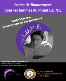 Affiche sur fond gris et mauve : photo noir/blanc de Lady Waters, regard concentré sur son clavier. Logo Projet LUNE et Pub Limoilou.