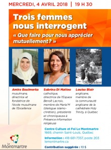 Affiche : trois portraits des conférencières. Amira porte un foulard blanc, semble jeune. Sabrina porte une blouse sans manches, cheveux semi-long bruns. Louisa est avec son fil à la pèche le long d'une rivière et porte une casquette de chasse.