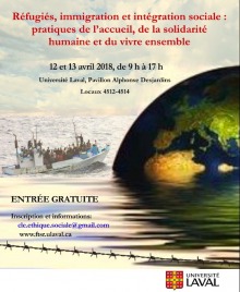 Affiche : peinture réaliste, aux teintes pâles, d'un petit bateau bordé de gens devant un globe terrestre. 