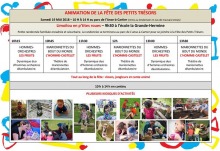 Horaire des activités, entouré de lignes de couleurs vives. Dessous, plus de dix mini-photos d'enfants jouant sur du gazon.