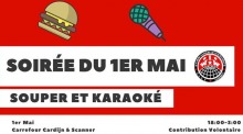 Affichette sur fond rouge vif : dessin d'un hamburger et d'un micro. Logo IWW-SITT. Indique 18 pm à 3 am.