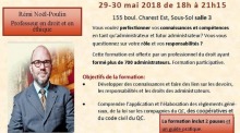 Affichette sur fond beige : portrait du formateur, Rémi-Noël Poulin. chauve, lunettes, veston-cravate.  Il est « professionnel du droit ayant formé plus de 700 administrateurs ». « Formation participative ».