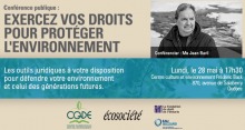 Bannière : photo de M. Baril devant une rivière glacée. « Les outils juridiques à votre disposition pour défendre votre environnement et celui des générations futures.» Logos: CQDE, Écosociété, Eau Secours!, Fondation du droit de l'Ontario.