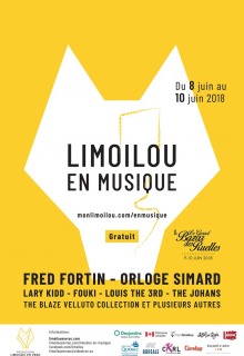 Affiche sur fond jaune intense : forme blanche simple de tête de renard ou de loup. Nomme quelques artistes. Plusieurs logos.