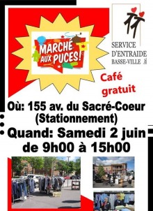 Affiche : Marché aux puces ! dans une bulle rouge de paroles, dans une sorte d'étoile. Logo et trois photos des éditions passées.