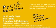 Affichette sur fond jeune banane : BBQ, animation, prestation... Le logo a un dessin d'un personnage allumette dont les bras et jambes pointent dans les quatre axes, le centre a une spirale.